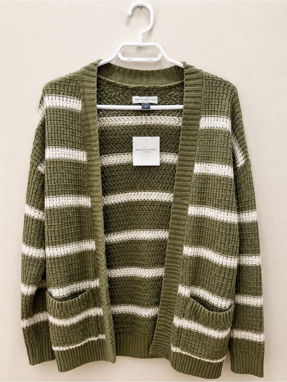 American Eagle Outfitters Olive & Cream Striped Open Cardigan